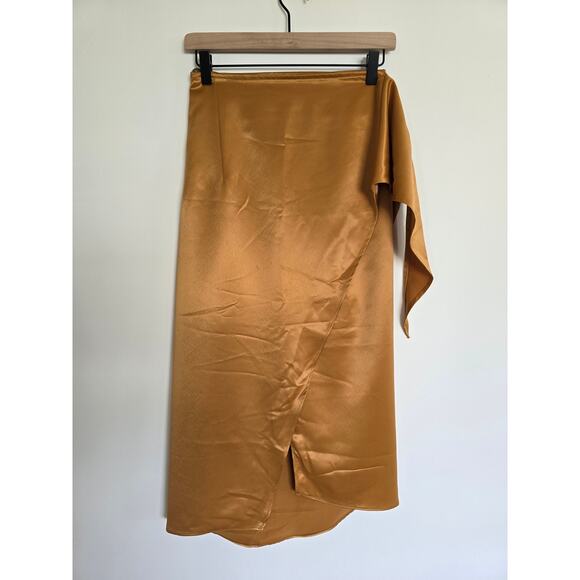 Gold Satin Wrap High Waist Midi Skirt Handmade Size Small Luxe Silky Bronze - Picture 1 of 2